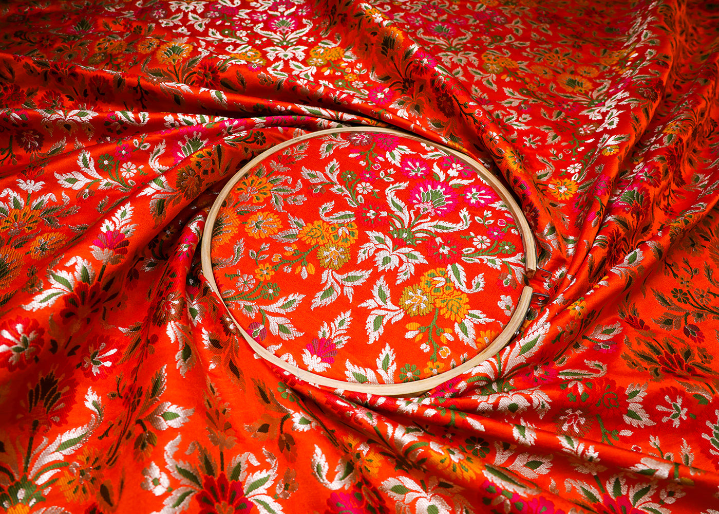 Orange Banarasi Brocade Fabric With All Over Thread And Silver Zari Handloom 19030