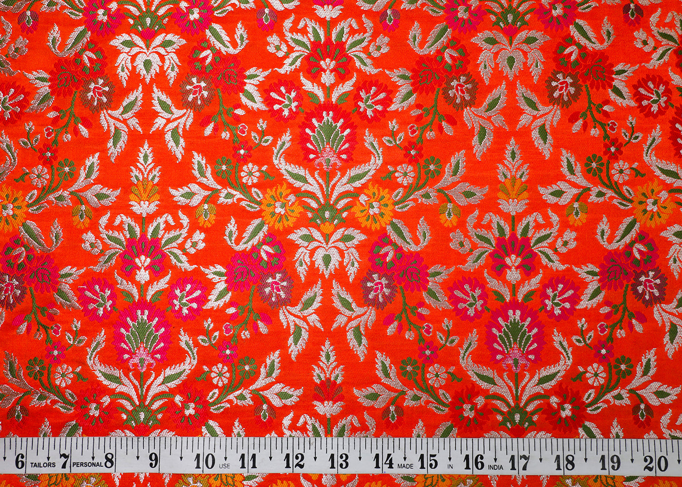 Orange Banarasi Brocade Fabric With All Over Thread And Silver Zari Handloom 19030