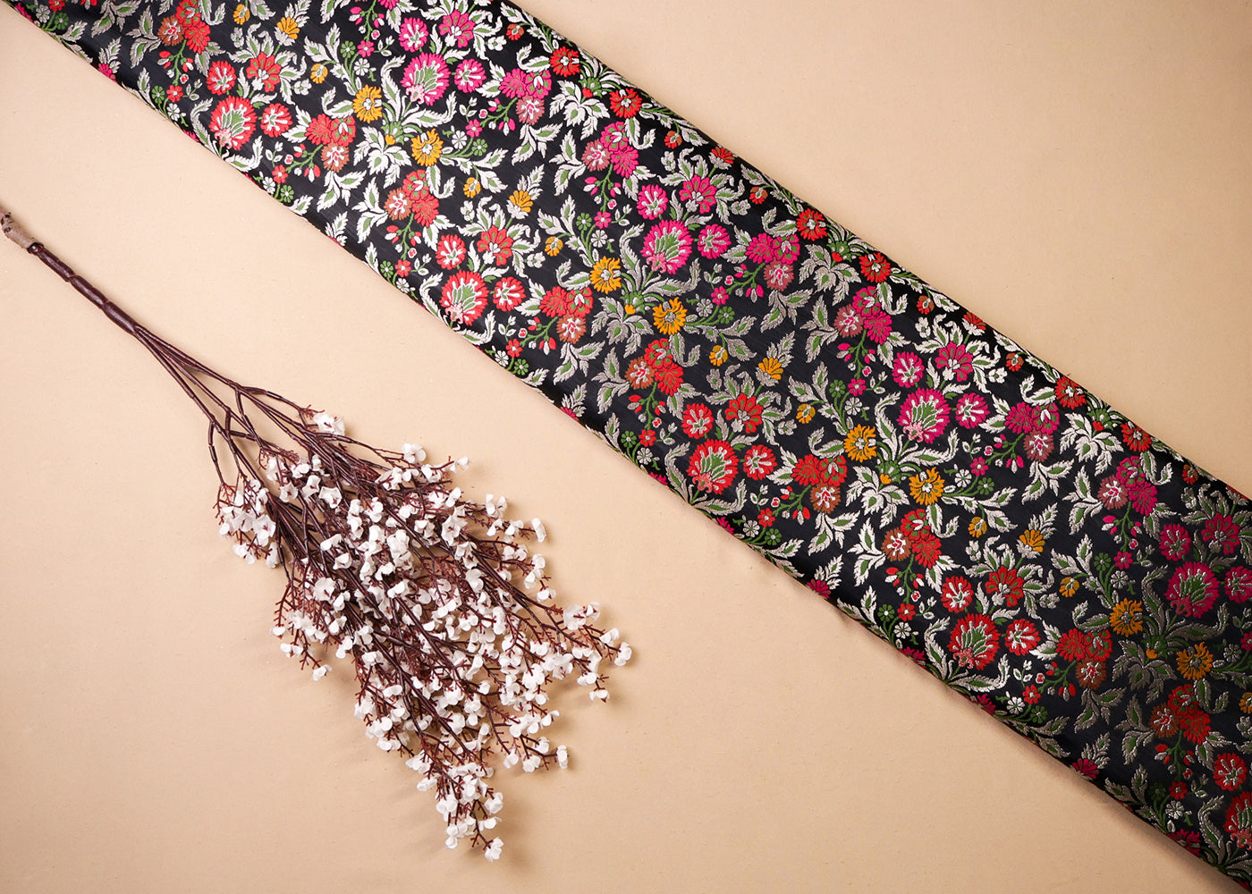 Black Banarasi Brocade Fabric With All Over Thread And Silver Zari Handloom 19031