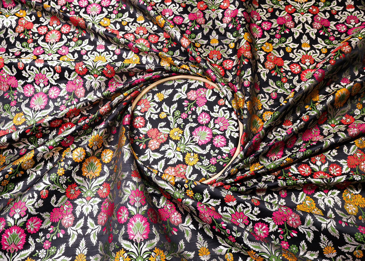 Black Banarasi Brocade Fabric With All Over Thread And Silver Zari Handloom 19031