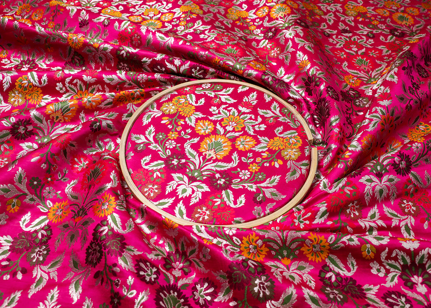 Magenta Banarasi Brocade Fabric With All Over Thread And Silver Zari Handloom 19032