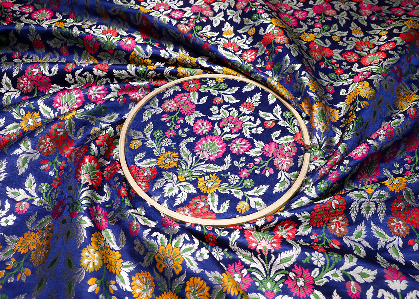 Navy Blue Banarasi Brocade Fabric With All Over Thread And Silver Zari Handloom 19033