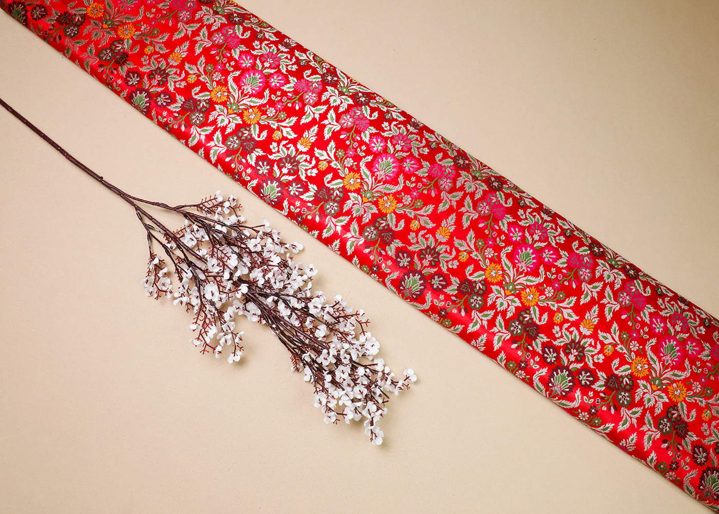Red Banarasi Brocade Fabric With All Over Thread And Silver Zari Handloom 19034