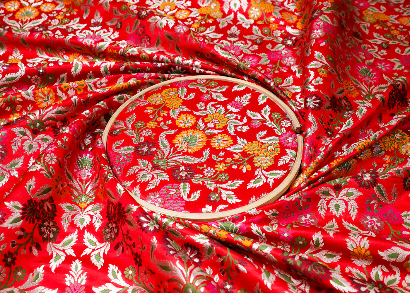 Red Banarasi Brocade Fabric With All Over Thread And Silver Zari Handloom 19034