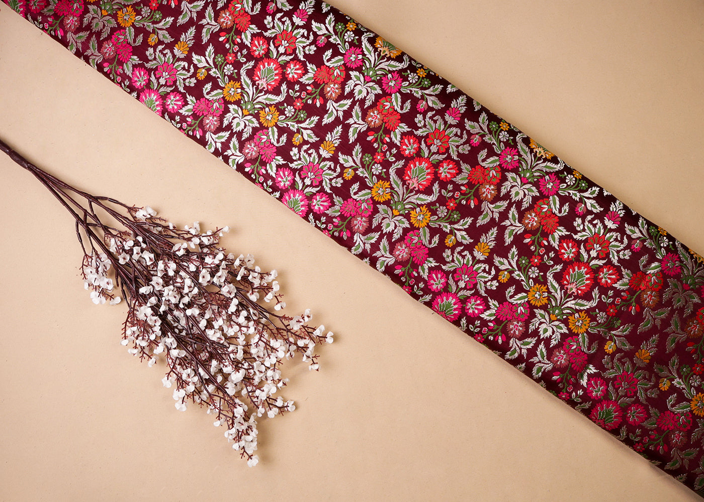 Wine Banarasi Brocade Fabric With All Over Thread And Silver Zari Handloom 19035