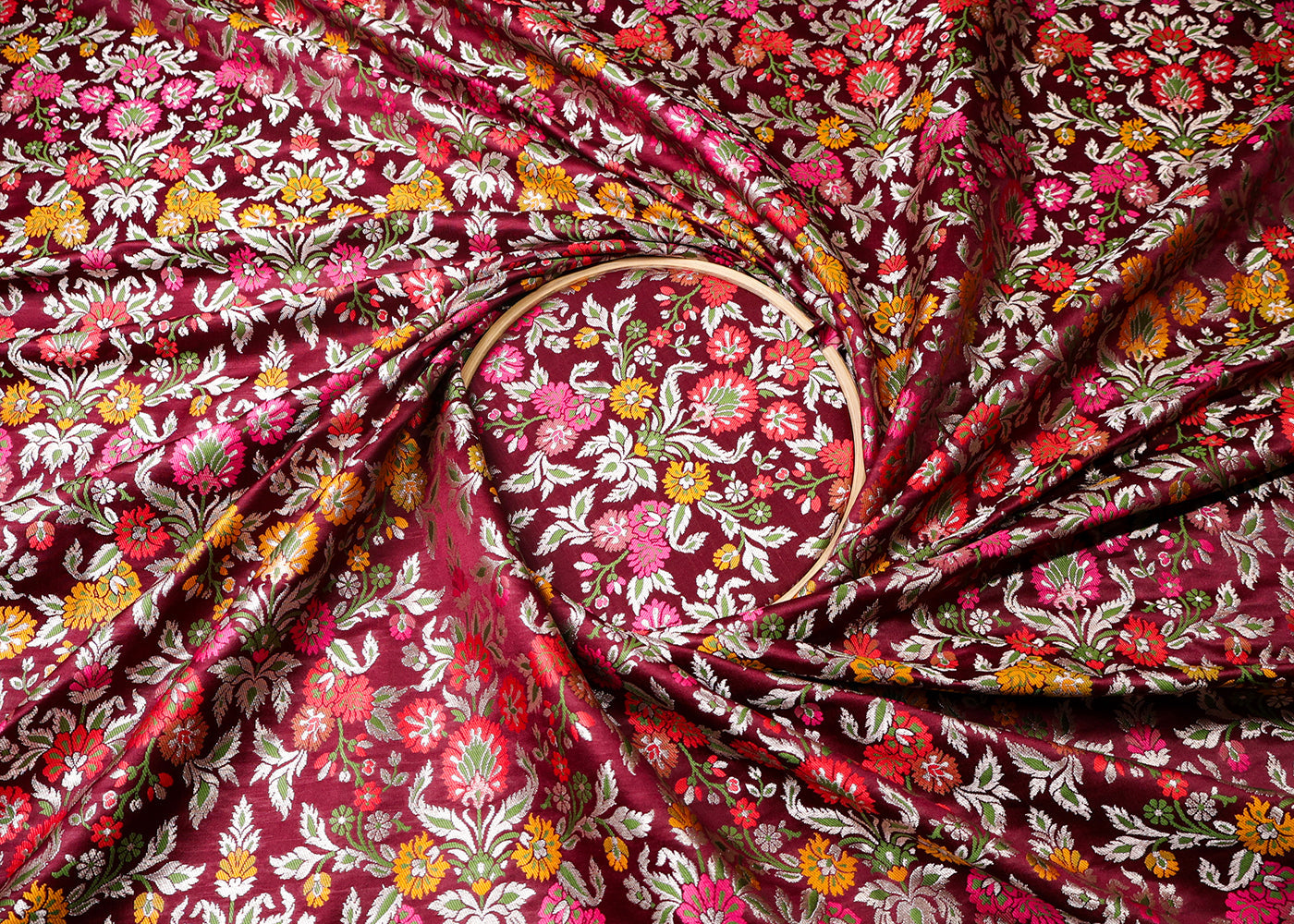 Wine Banarasi Brocade Fabric With All Over Thread And Silver Zari Handloom 19035