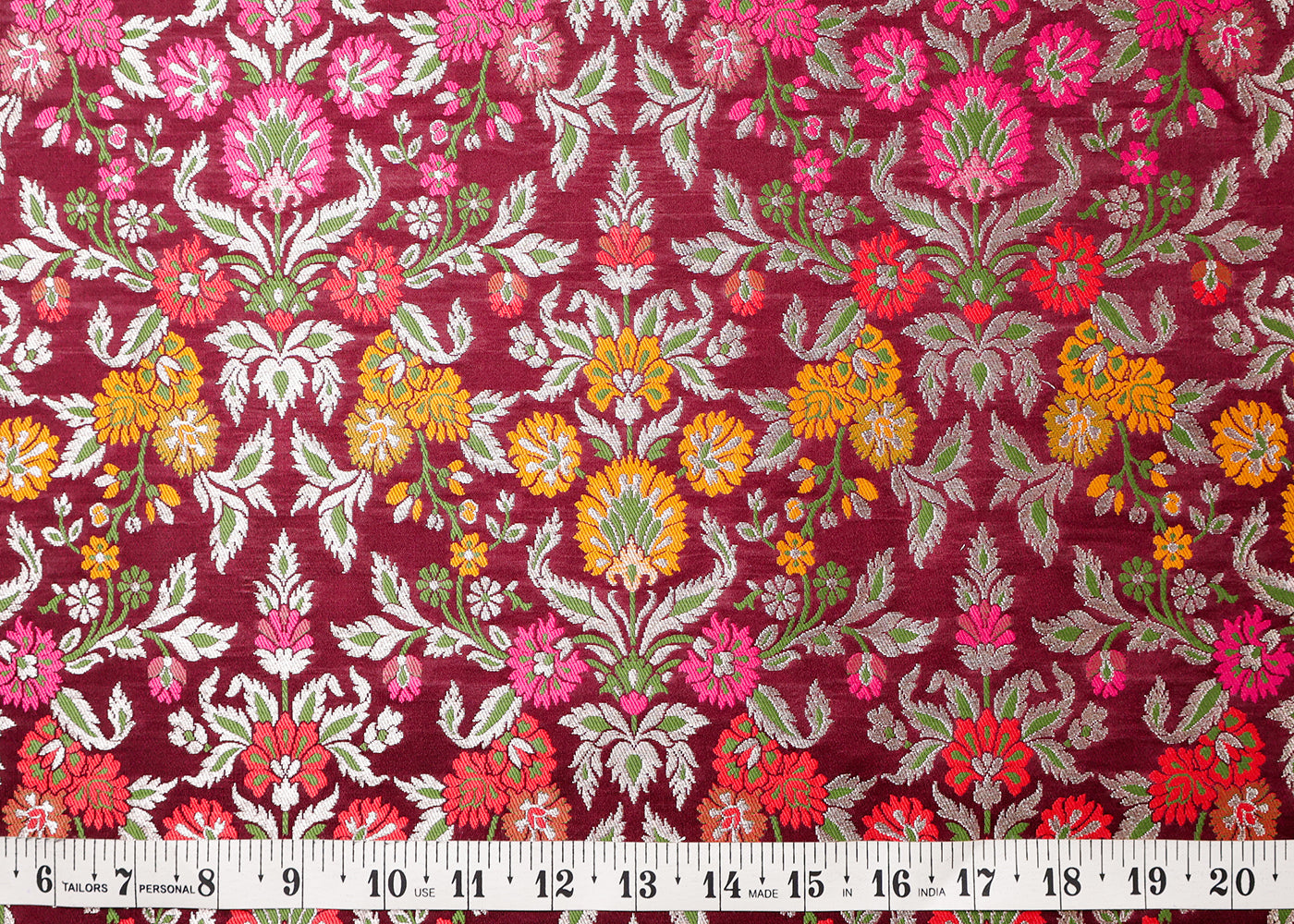 Wine Pure Banarasi Brocade Fabric With All Over Thread And Silver Zari Handloom 19035