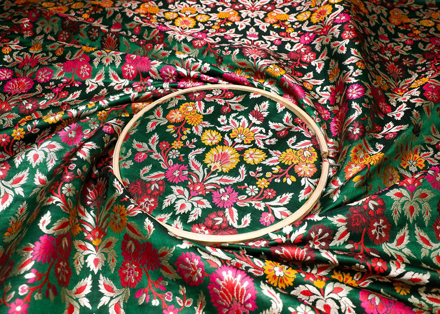 Bottle Green Banarasi Brocade Fabric With All Over Thread And Silver Zari Handloom 19036