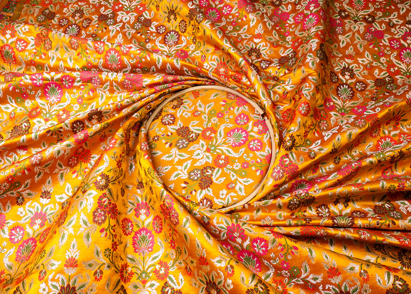 Yellow Banarasi Brocade Fabric With All Over Thread And Silver Zari Handloom 19037