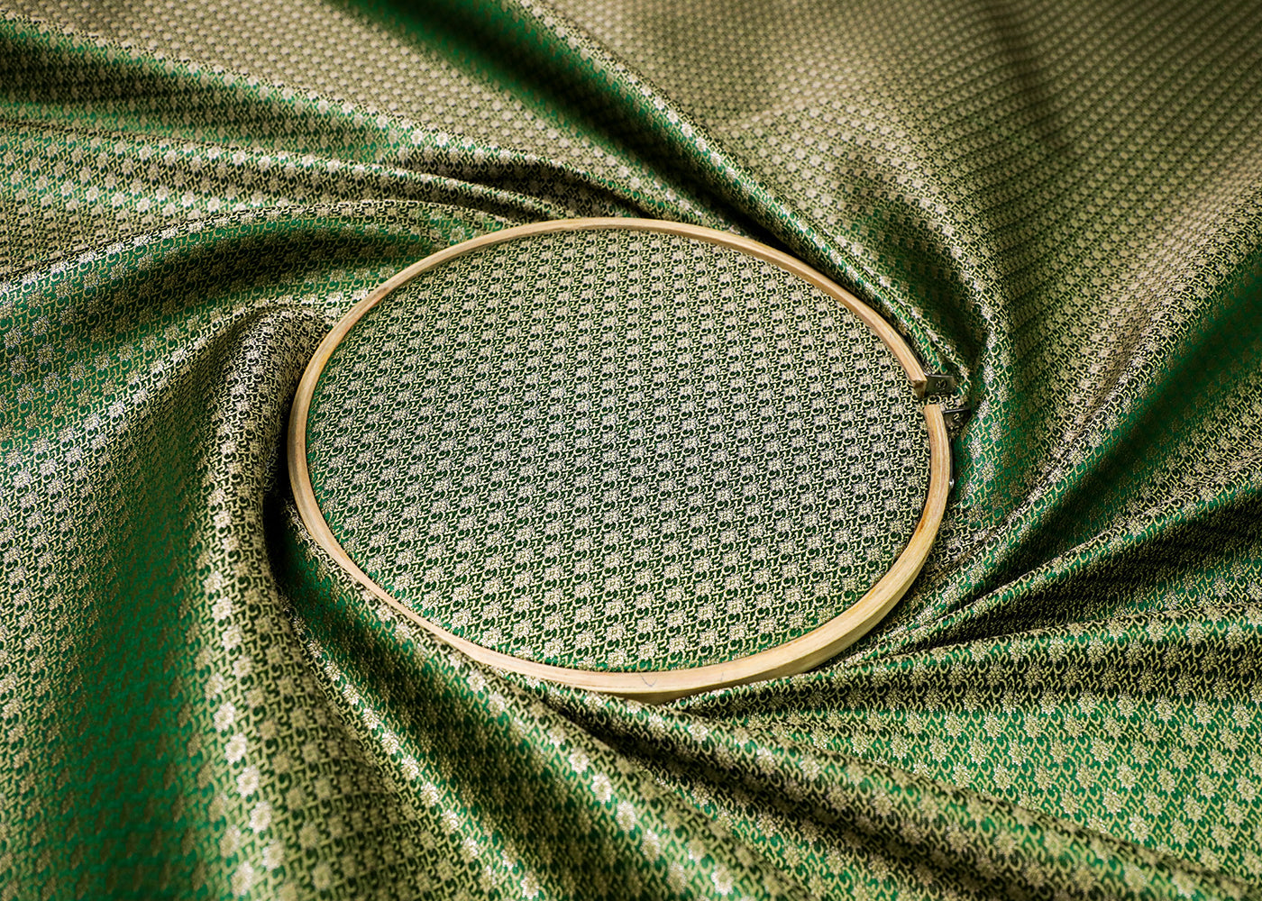 Bottle Green Banarasi Brocade Fabric With All Over Golden Zari Handloom  19038