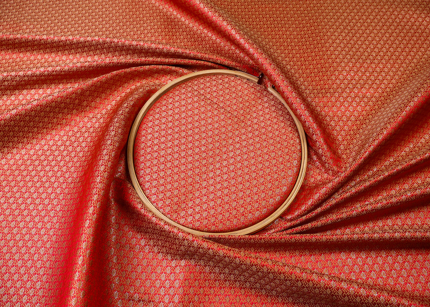 Hot Pink Banarasi Brocade Fabric With All Over Golden Zari Handloom  19040