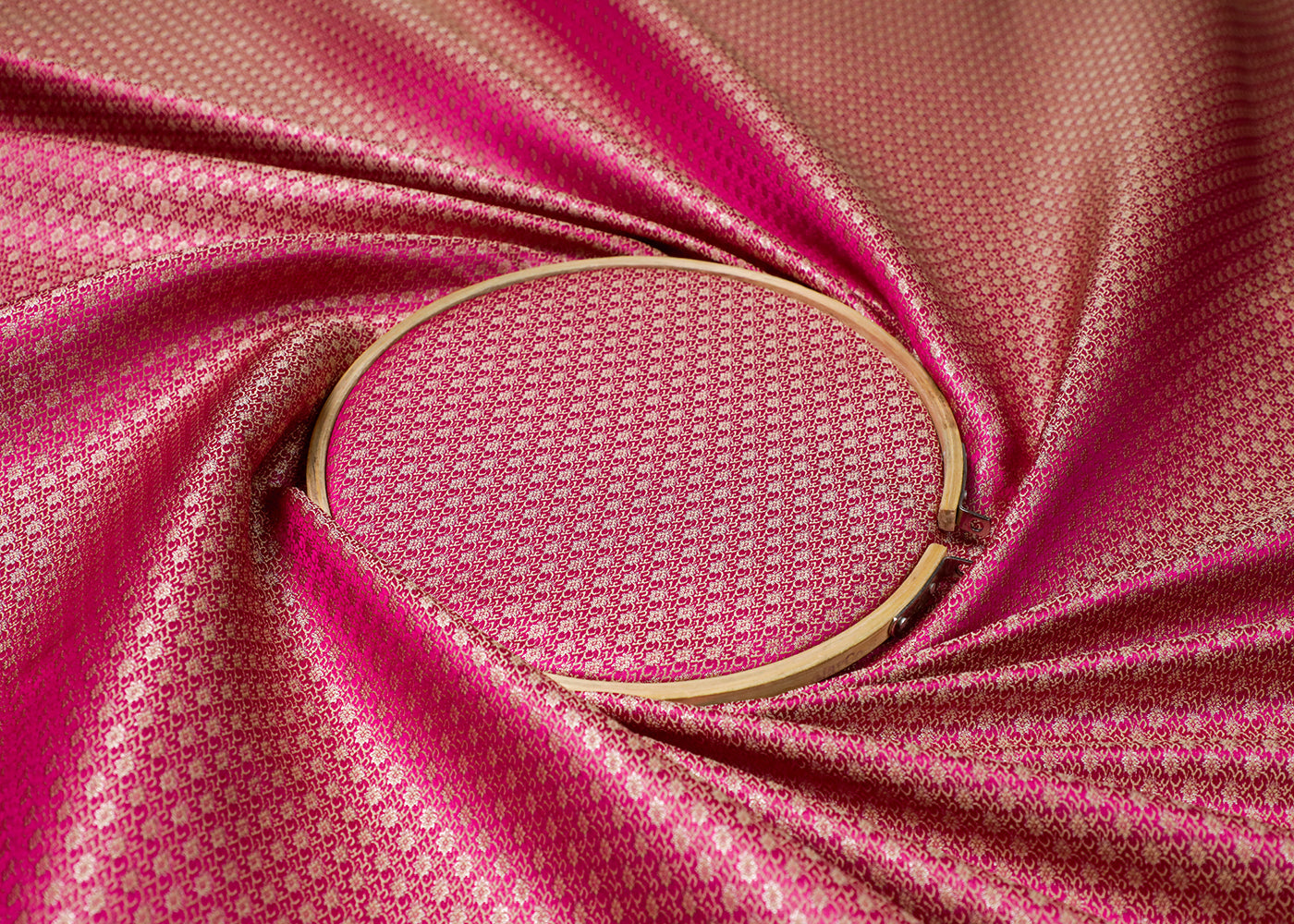 Pink Banarasi Brocade Fabric With All Over Golden Zari Handloom  19043