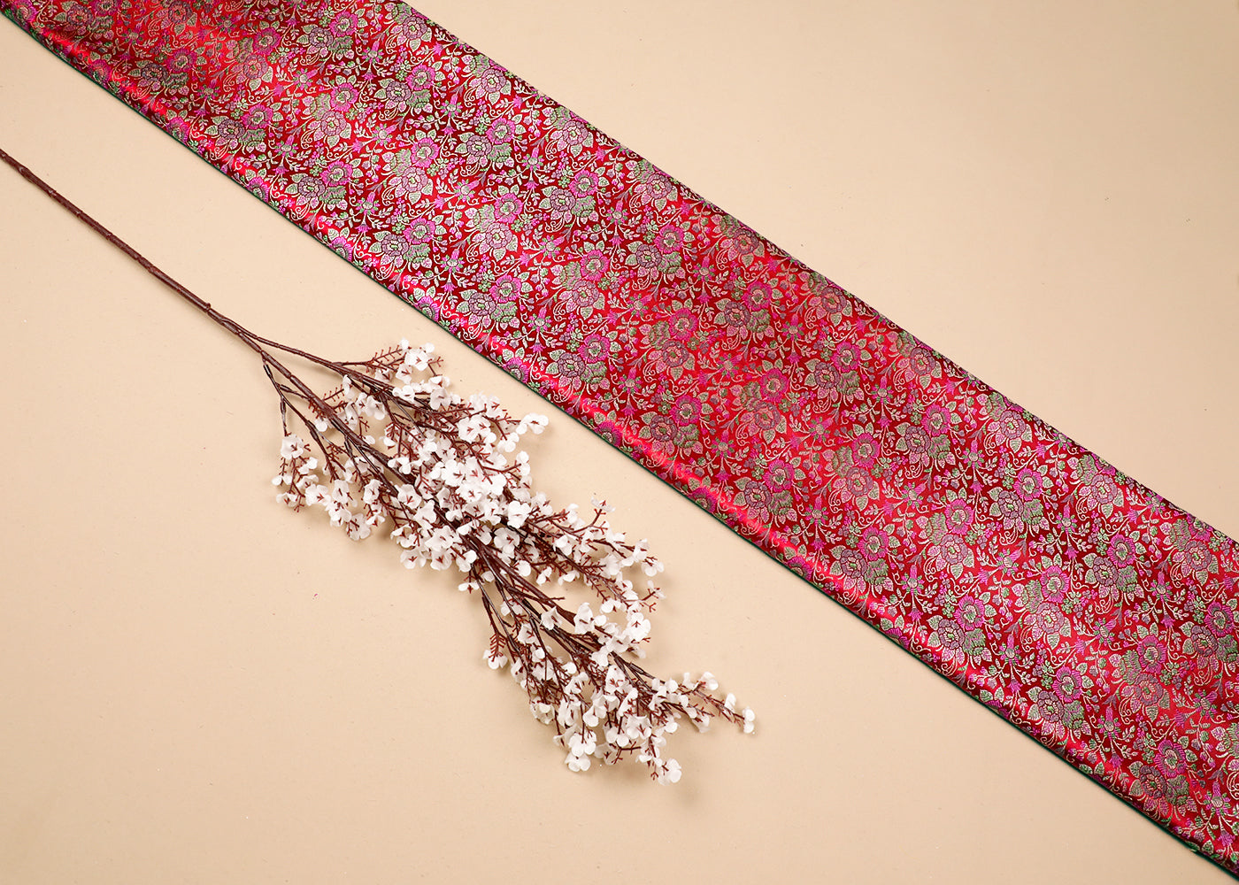 Red Banarasi Brocade Fabric With All Over Thread And Zari Handloom 19044