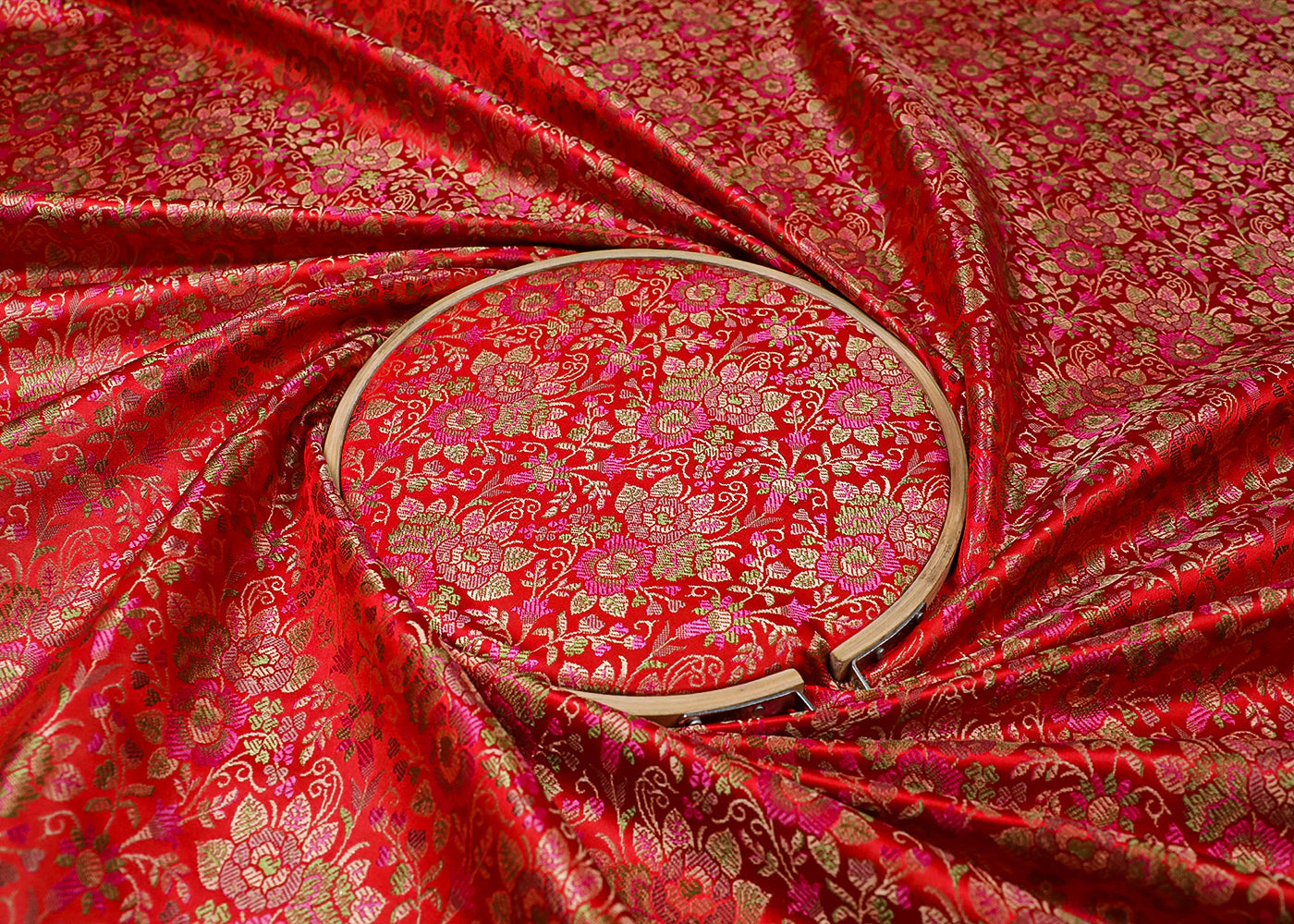 Red Banarasi Brocade Fabric With All Over Thread And Zari Handloom 19044