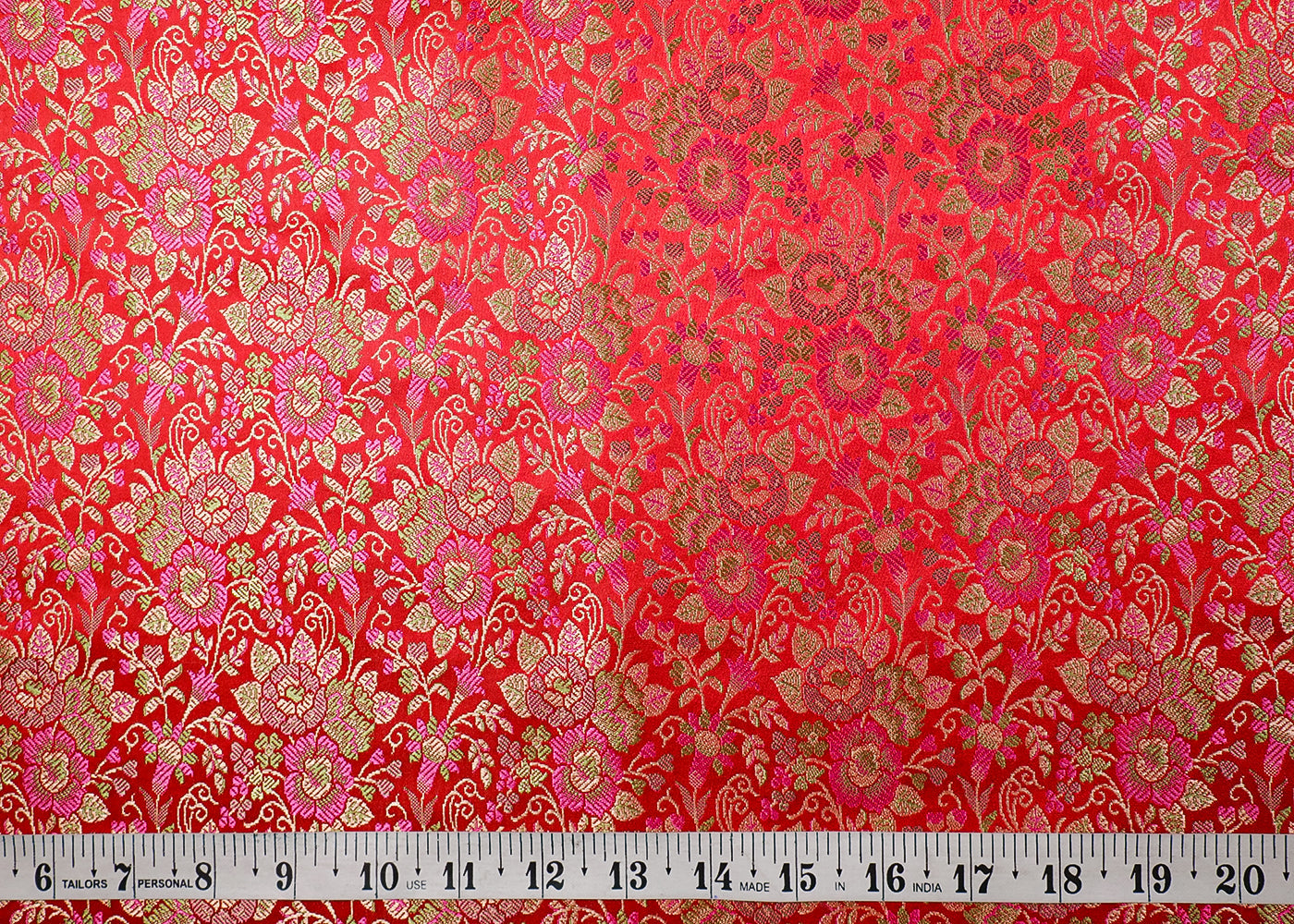 Red Banarasi Brocade Fabric With All Over Thread And Zari Handloom 19044