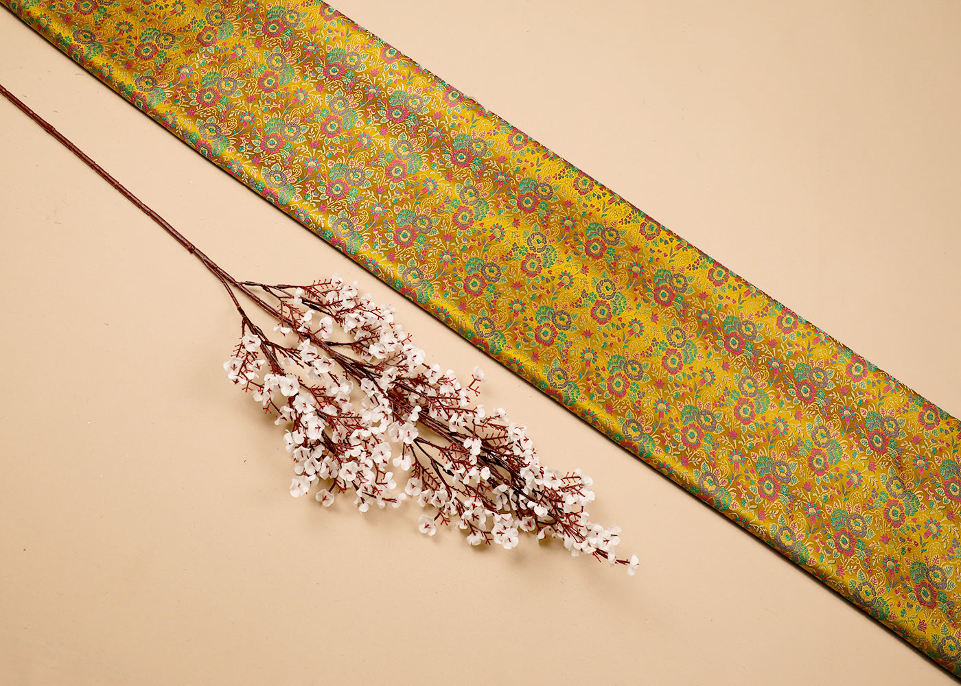 Yellow Banarasi Brocade Fabric With All Over Thread And Zari Handloom 19045