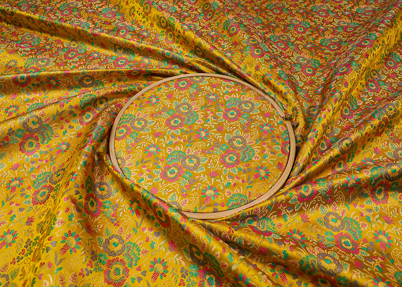 Yellow Banarasi Brocade Fabric With All Over Thread And Zari Handloom 19045