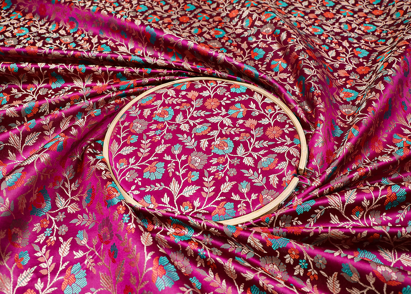 Purple Banarasi Brocade Fabric With All Over Thread And Zari Handloom 19046