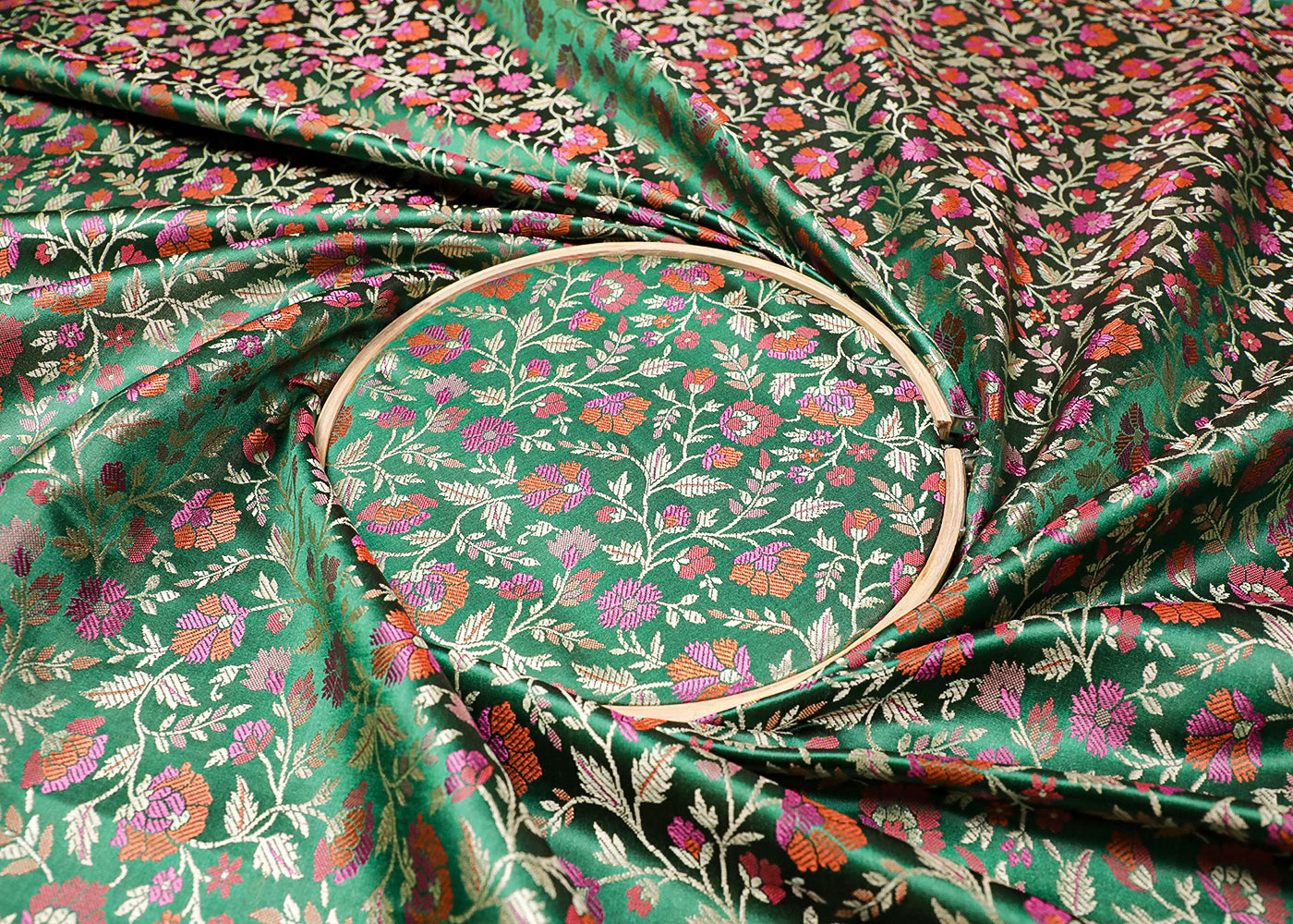 Bottle Green Banarasi Brocade Fabric With All Over Thread And Zari Handloom 19047
