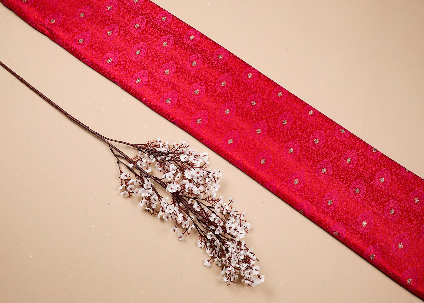 Red Banarasi Brocade Fabric With All Over Thread And Zari Handloom 19048