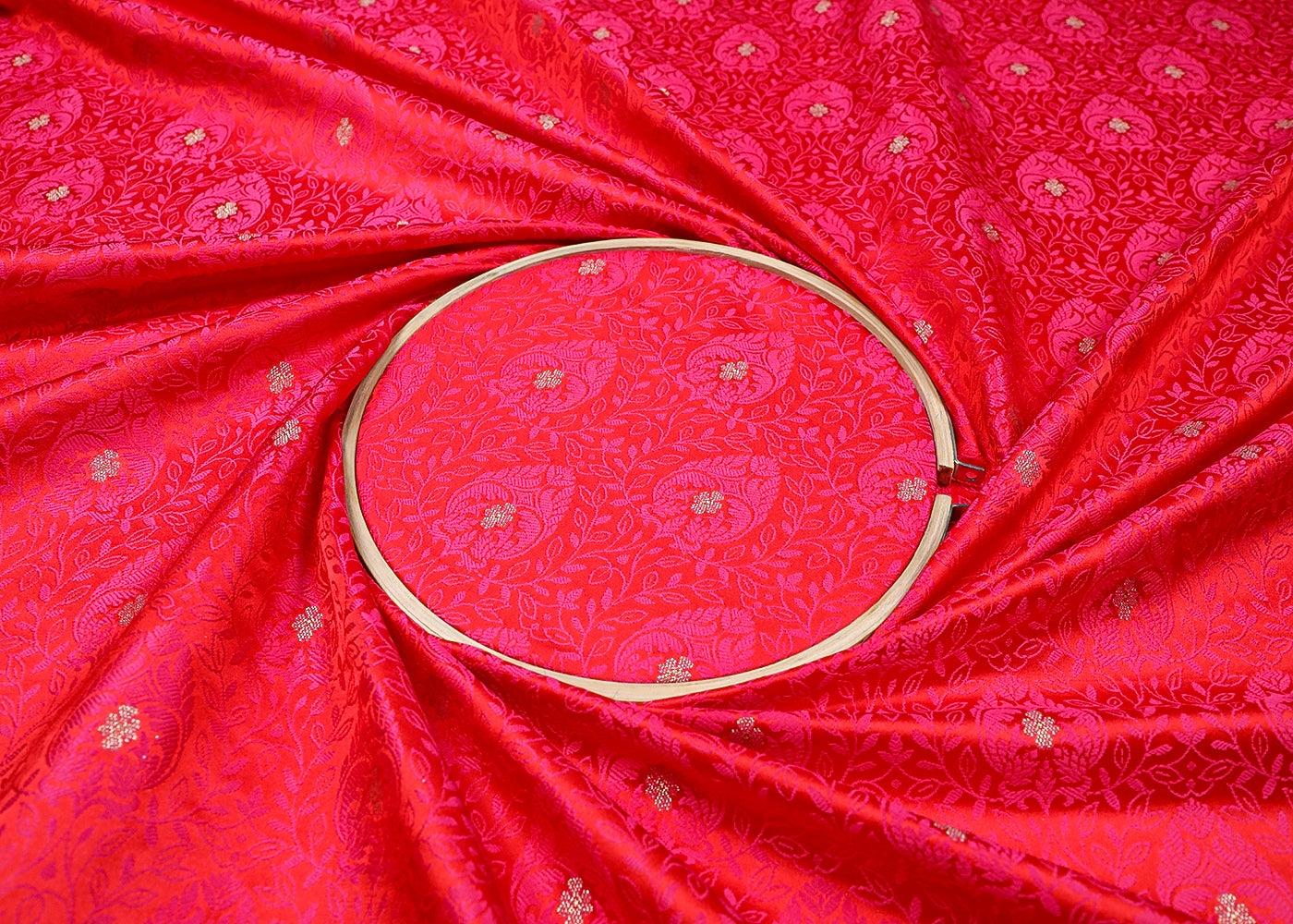 Red Banarasi Brocade Fabric With All Over Thread And Zari Handloom 19048