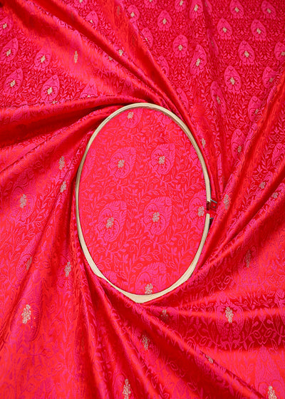 Red Banarasi Brocade Fabric With All Over Thread And Zari Handloom 19048