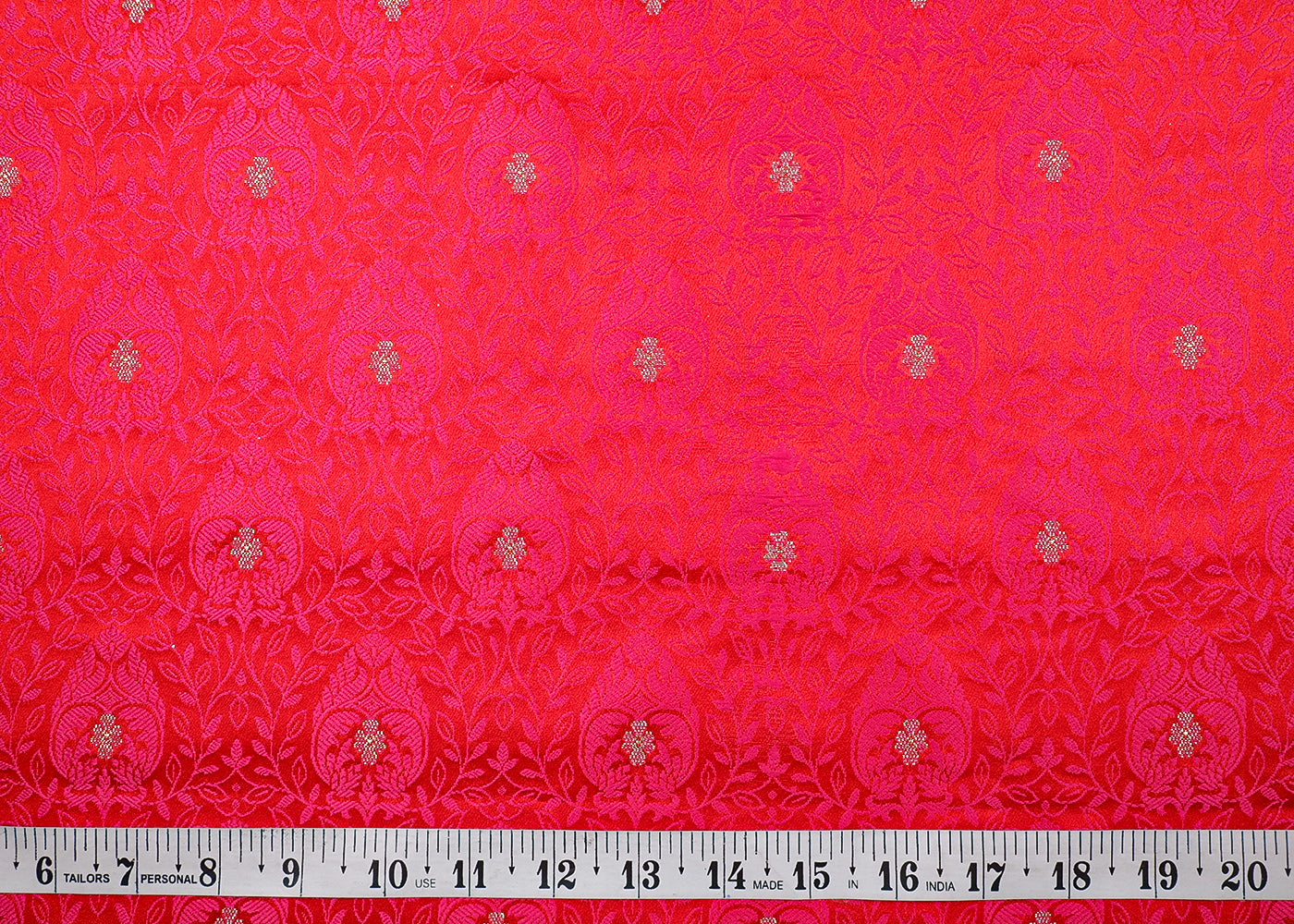 Red Banarasi Brocade Fabric With All Over Thread And Zari Handloom 19048