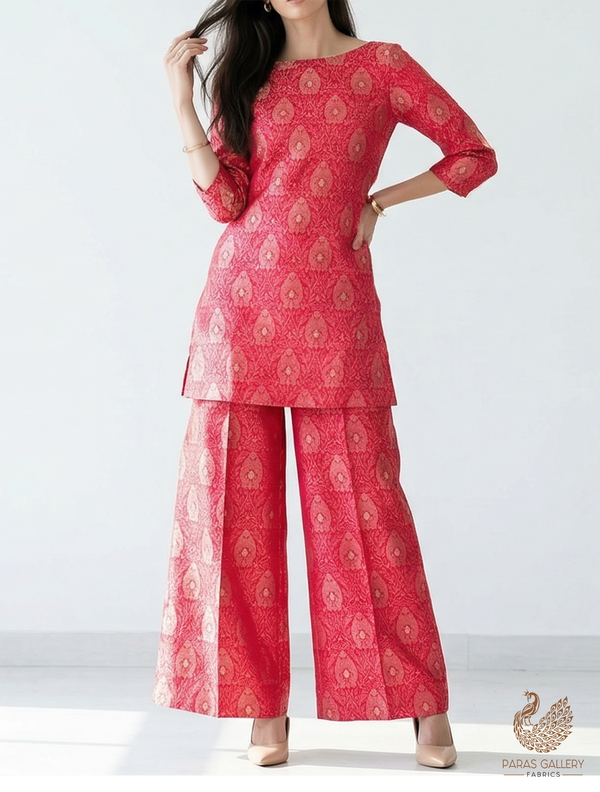 Red Banarasi Brocade Fabric With All Over Thread And Zari Handloom 19048