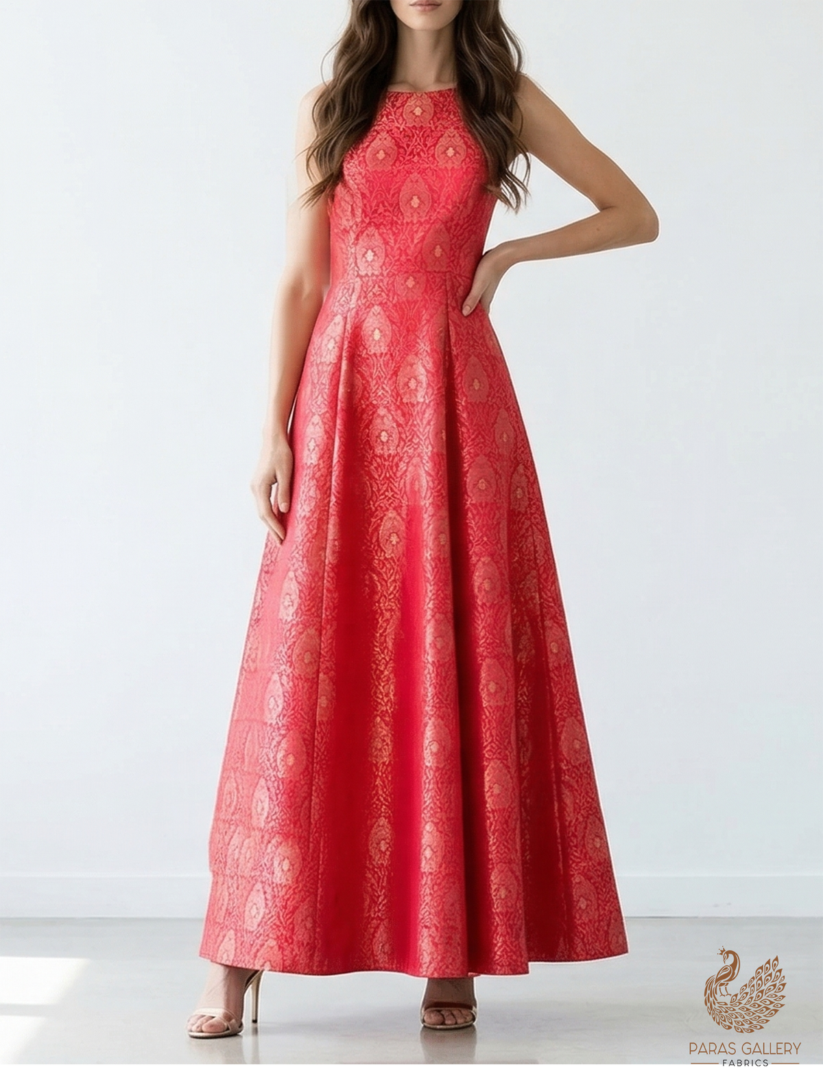 Red Banarasi Brocade Fabric With All Over Thread And Zari Handloom 19048