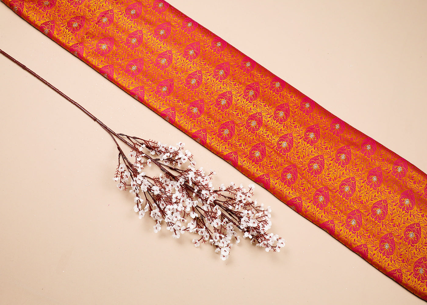 Yellow Banarasi Brocade Fabric With All Over Thread And Zari Handloom 19052