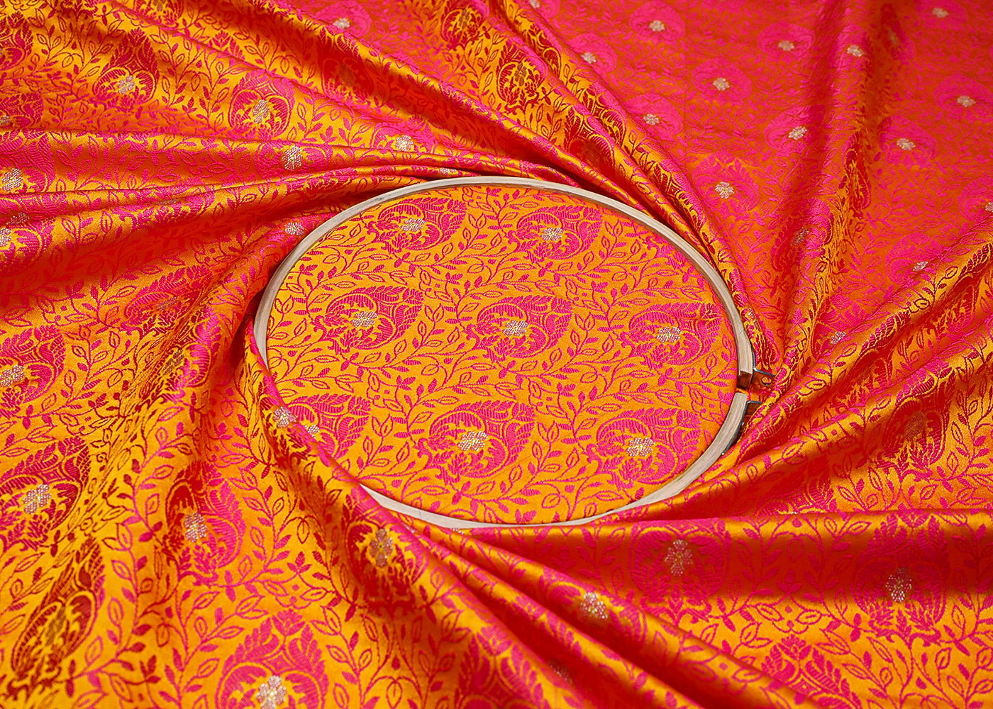 Yellow Banarasi Brocade Fabric With All Over Thread And Zari Handloom 19052