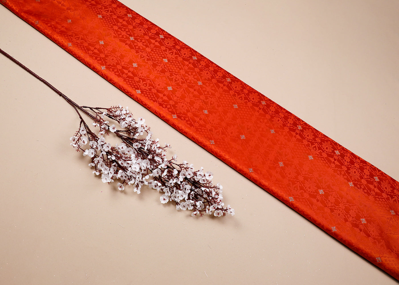 Orange Banarasi Brocade Fabric With All Over Thread And Zari Handloom 19057