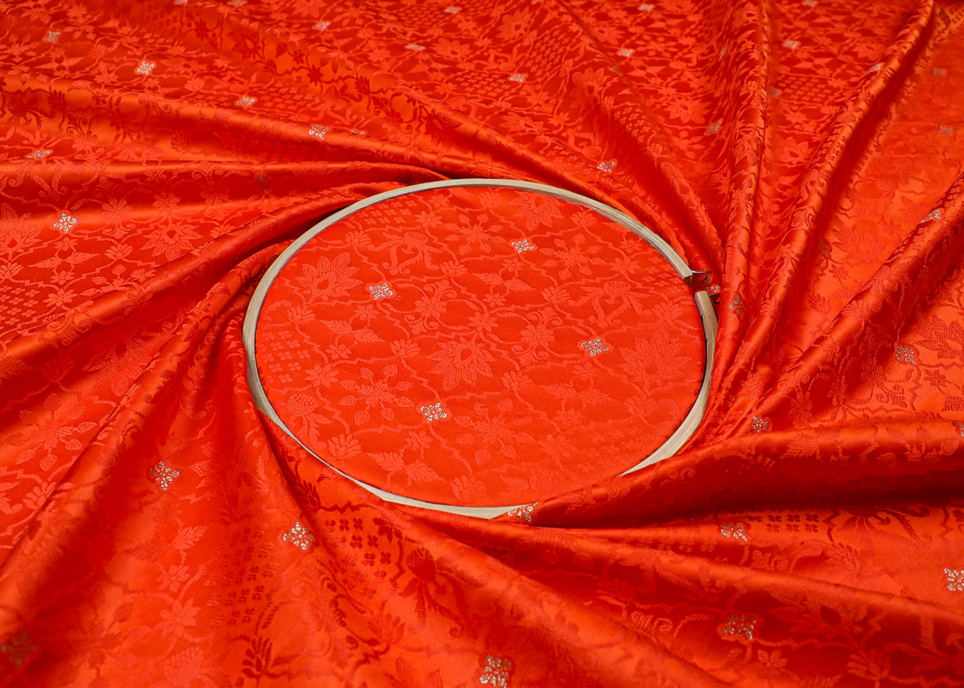 Orange Banarasi Brocade Fabric With All Over Thread And Zari Handloom 19057
