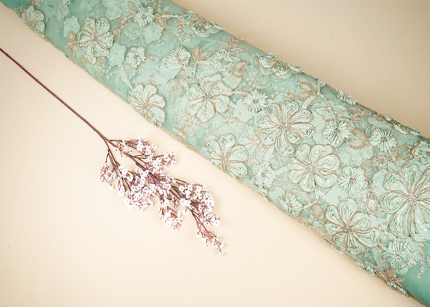 Sea Green Net Fabric With All Over Applique, Bead And Sequins Work 19065