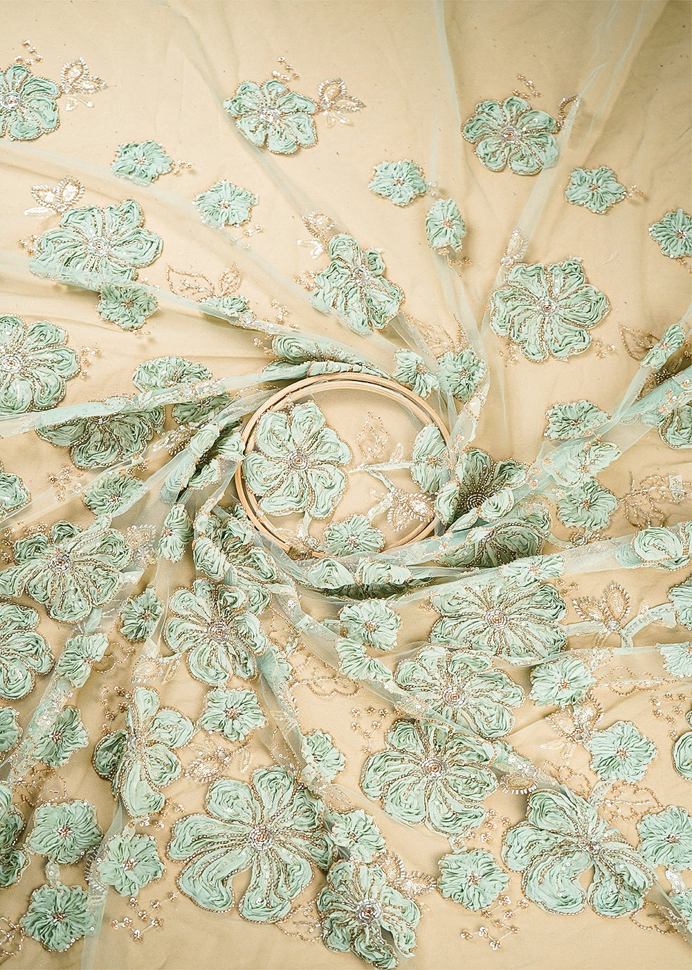 Sea Green Net Fabric With All Over Applique, Bead And Sequins Work 19065