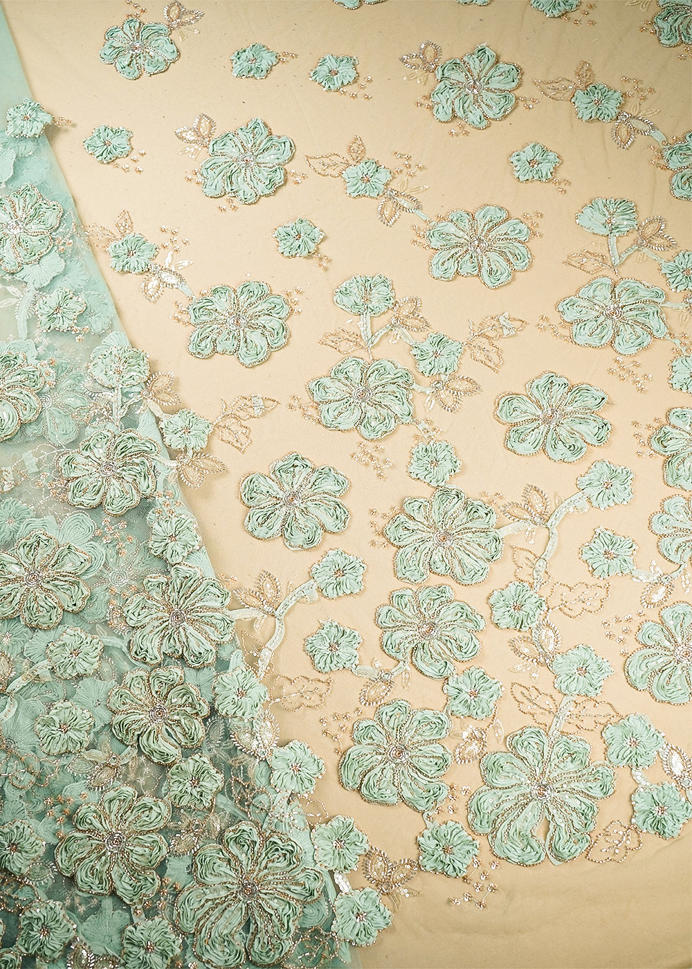 Sea Green Net Fabric With All Over Applique, Bead And Sequins Work 19065