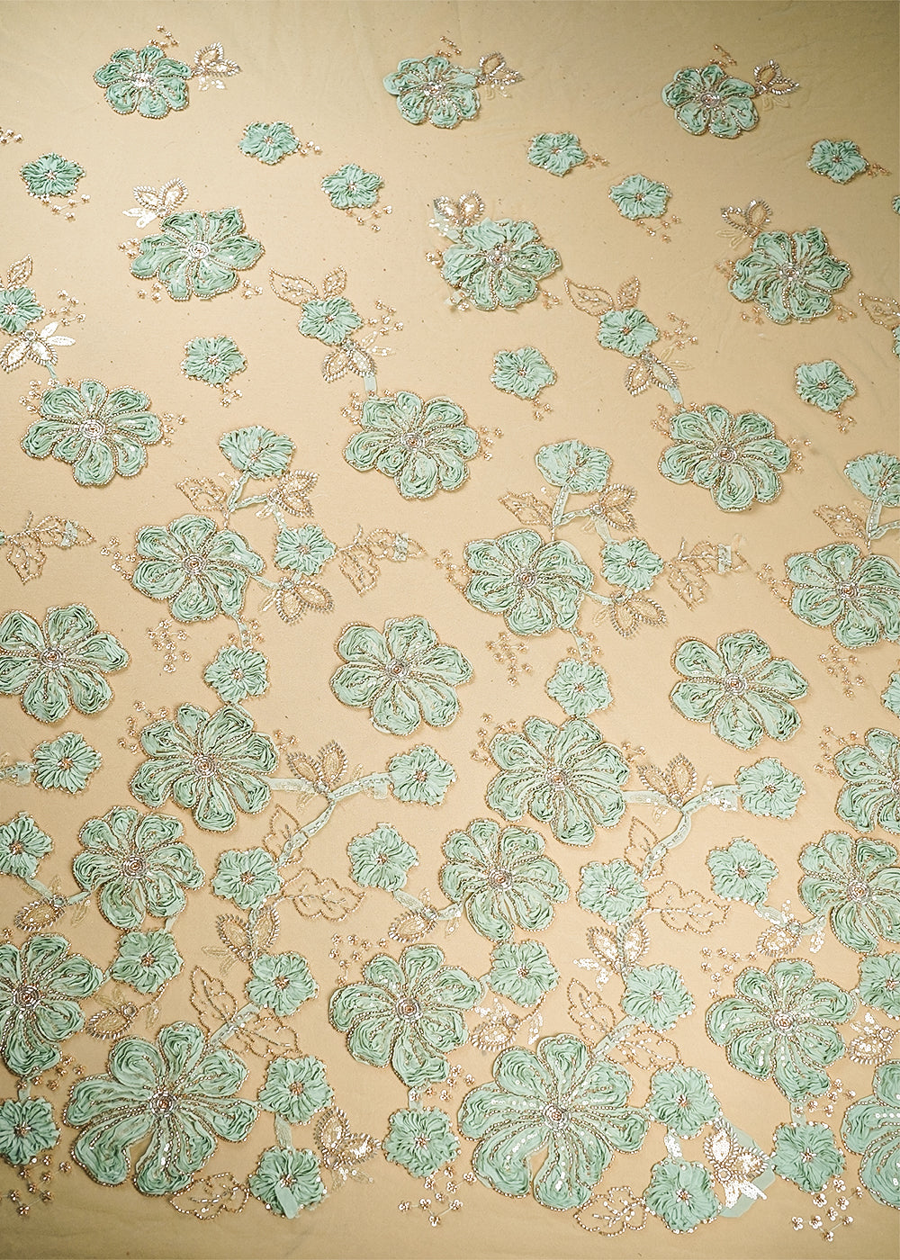 Sea Green Net Fabric With All Over Applique, Bead And Sequins Work 19065