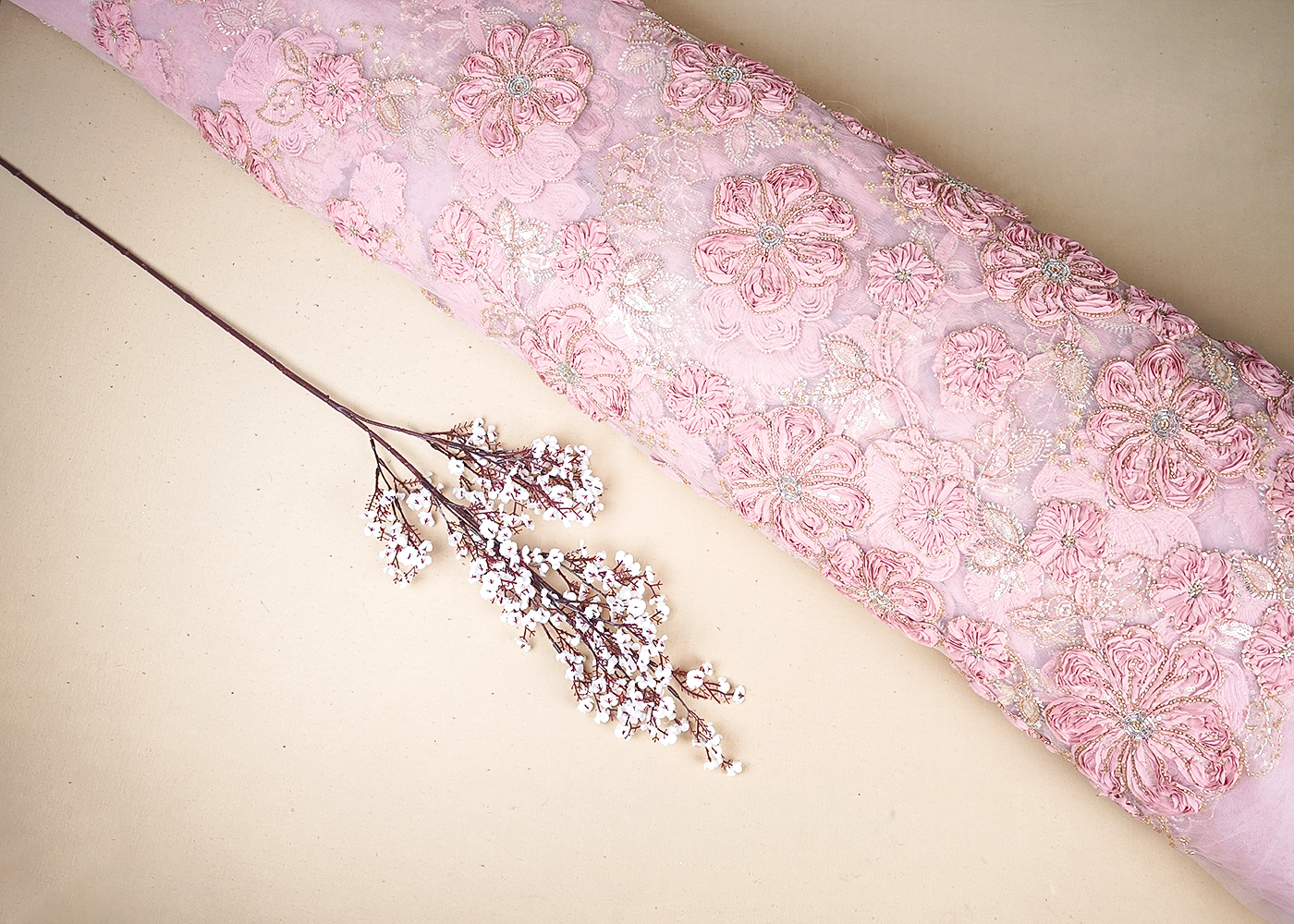 Pink Net Fabric With All Over Applique, Bead And Sequins Work 19066