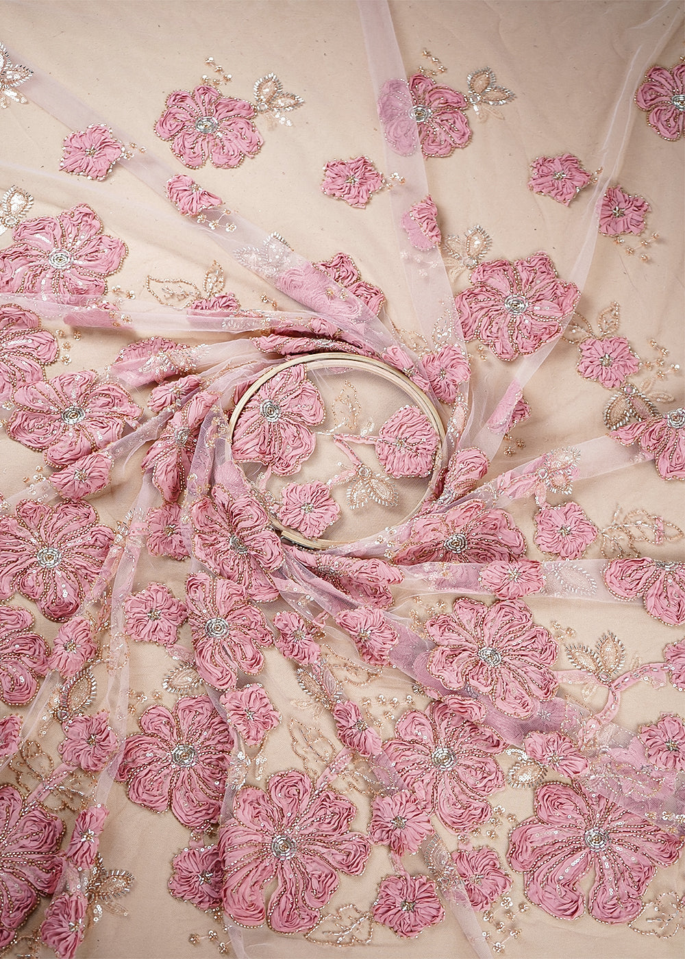 Pink Net Fabric With All Over Applique, Bead And Sequins Work 19066