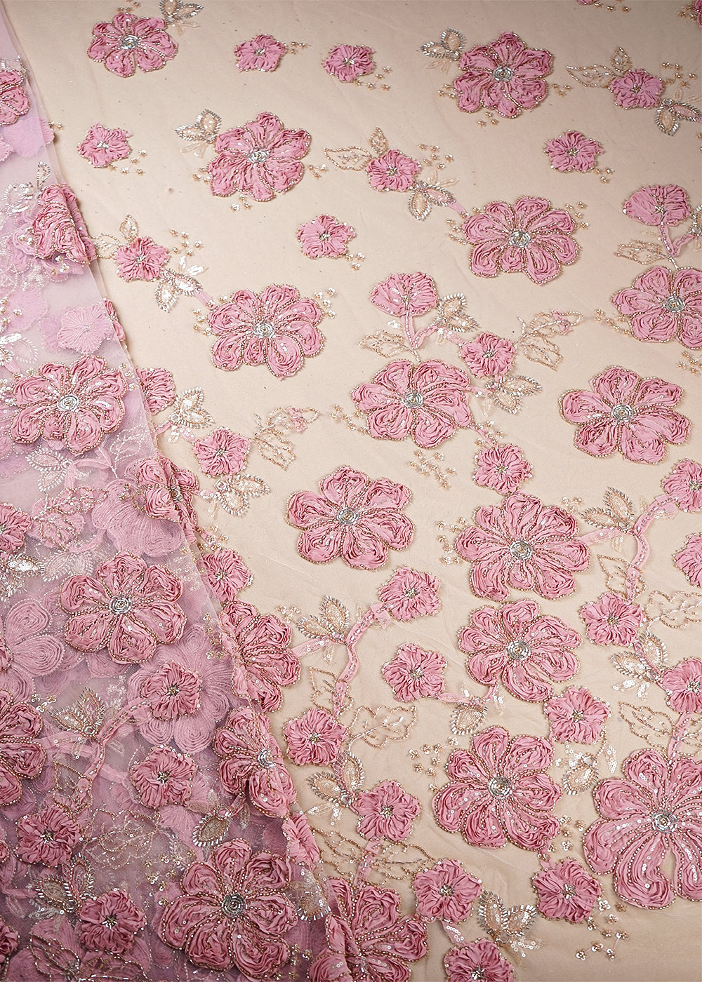 Pink Net Fabric With All Over Applique, Bead And Sequins Work 19066