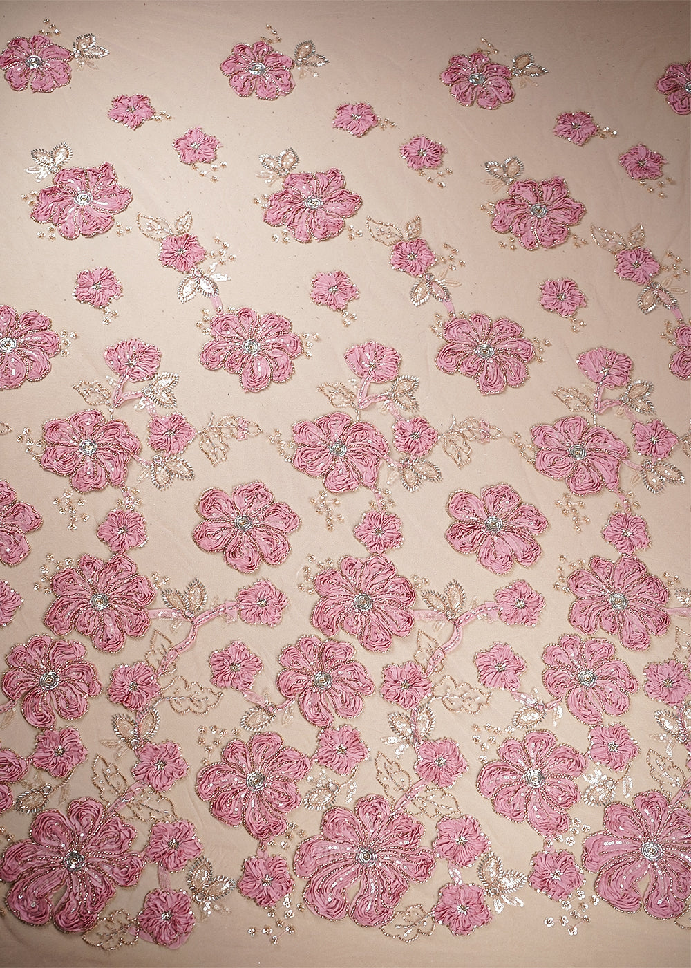 Pink Net Fabric With All Over Applique, Bead And Sequins Work 19066