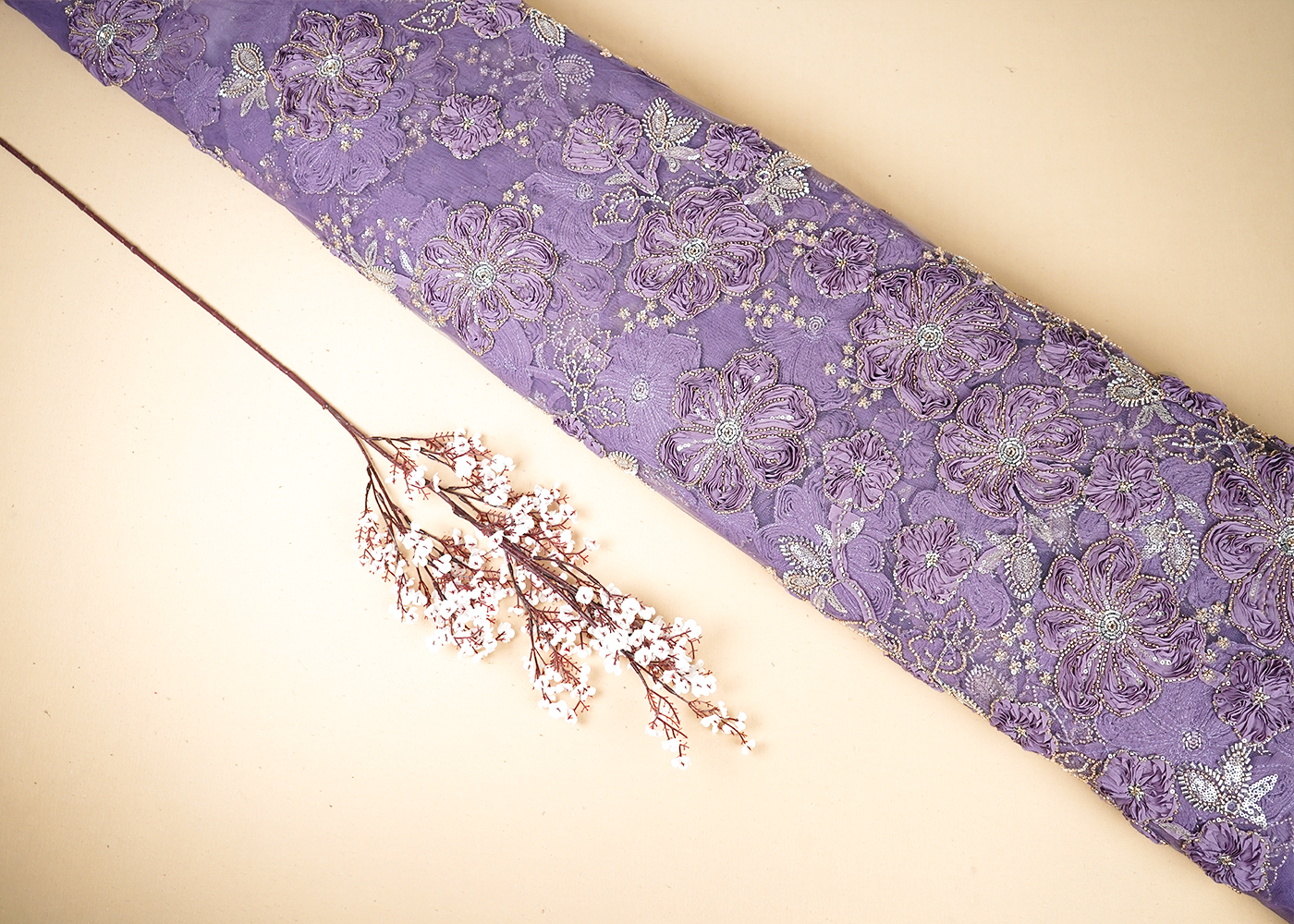 Purple Net Fabric With All Over Applique, Bead And Sequins Work 19067