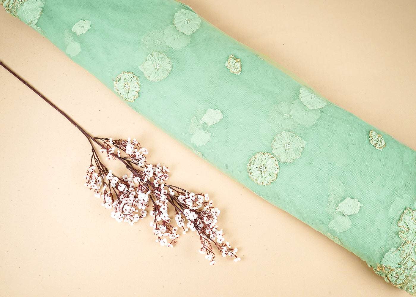 Sea Green Net Dupatta Fabric With All Over Applique, Bead And Sequins Work With Two Side Border 19069