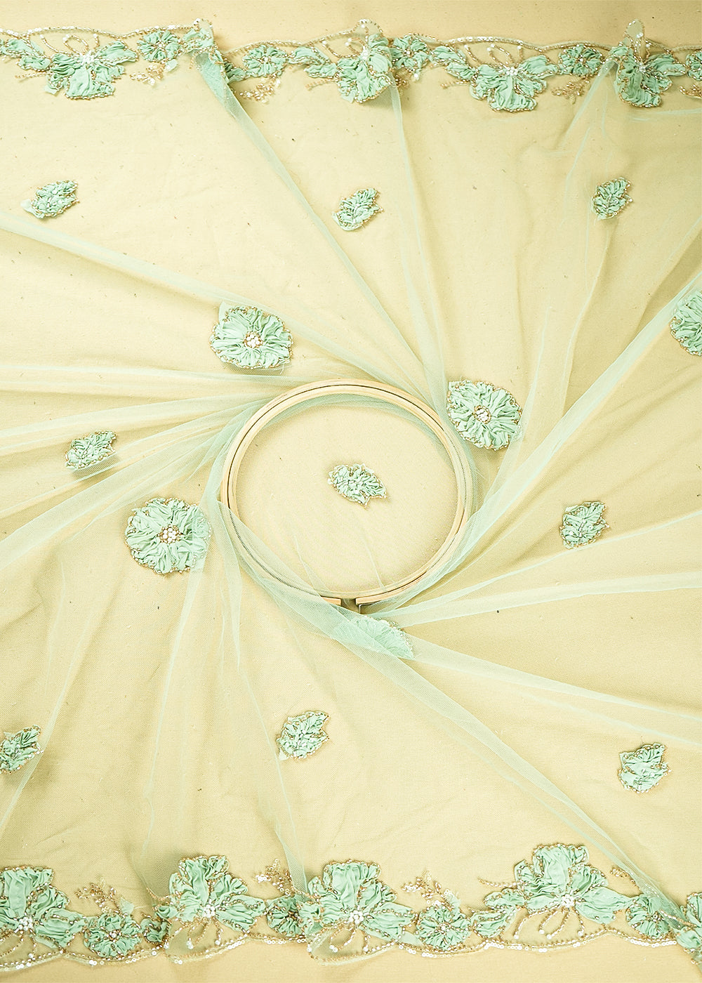 Sea Green Net Dupatta Fabric With All Over Applique, Bead And Sequins Work With Two Side Border 19069