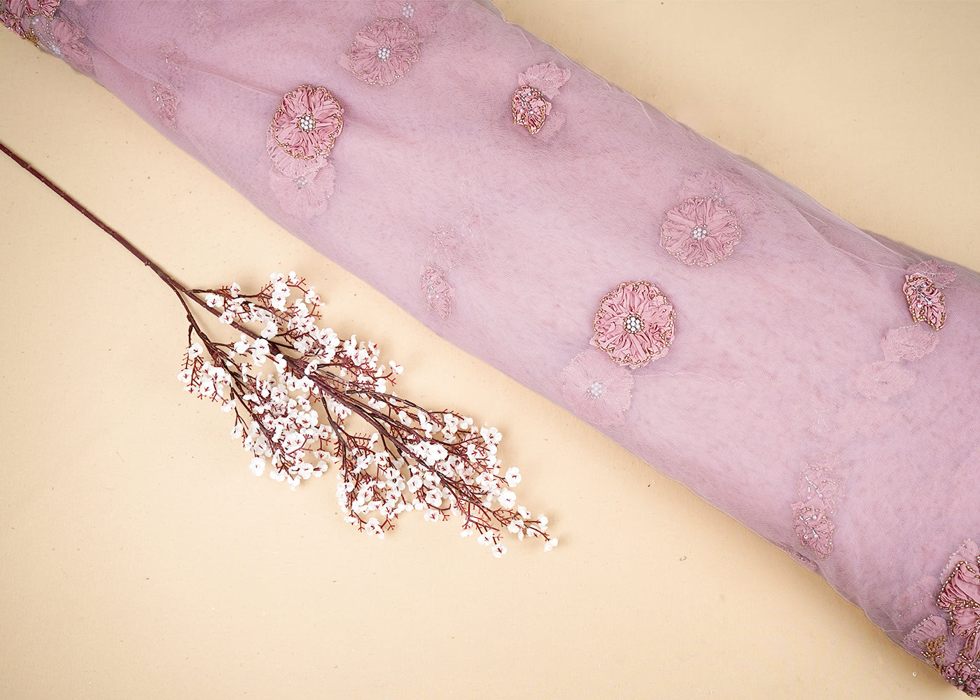Pink Net Dupatta Fabric With All Over Applique, Bead And Sequins Work With Two Side Border 19070
