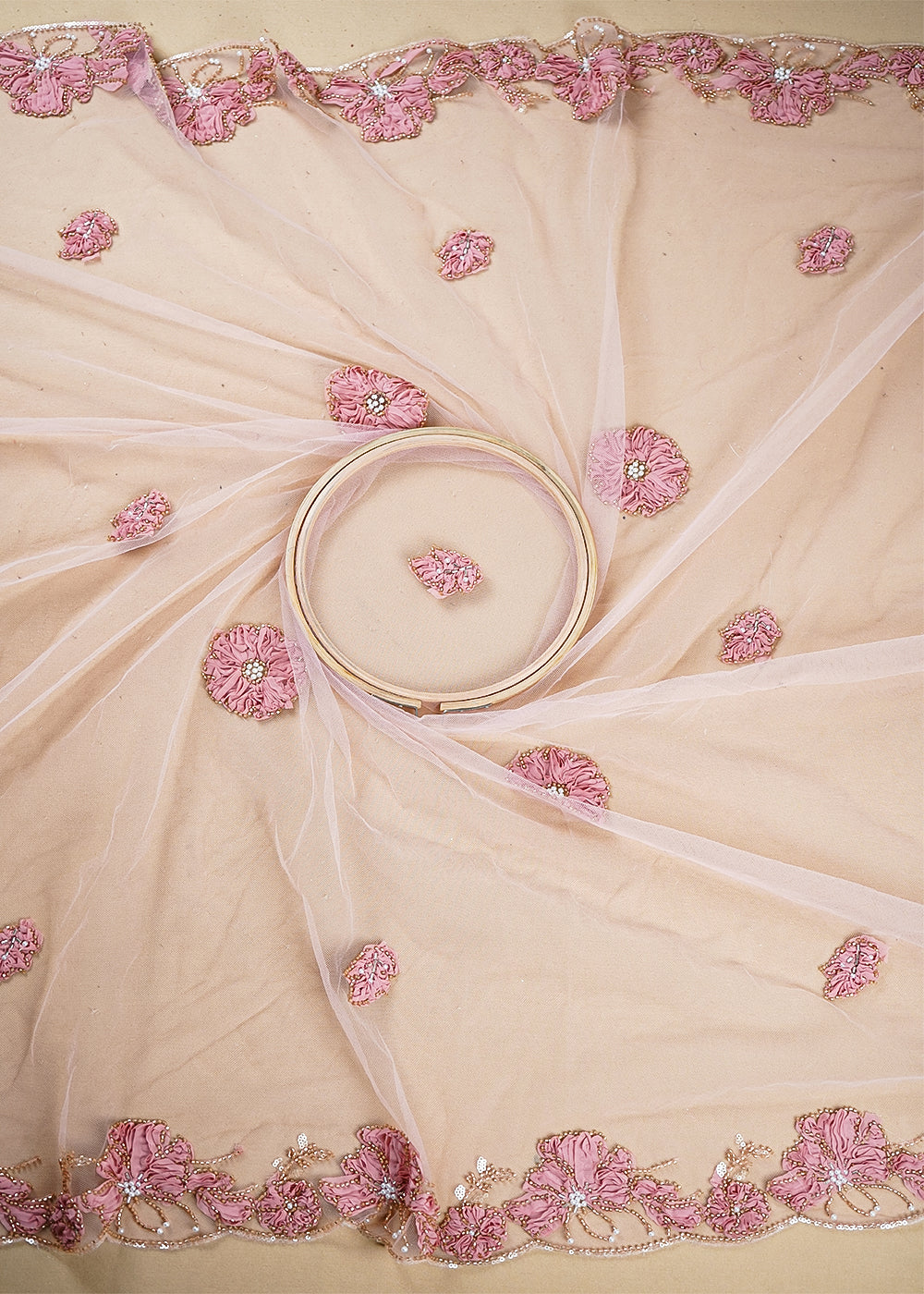 Pink Net Dupatta Fabric With All Over Applique, Bead And Sequins Work With Two Side Border 19070