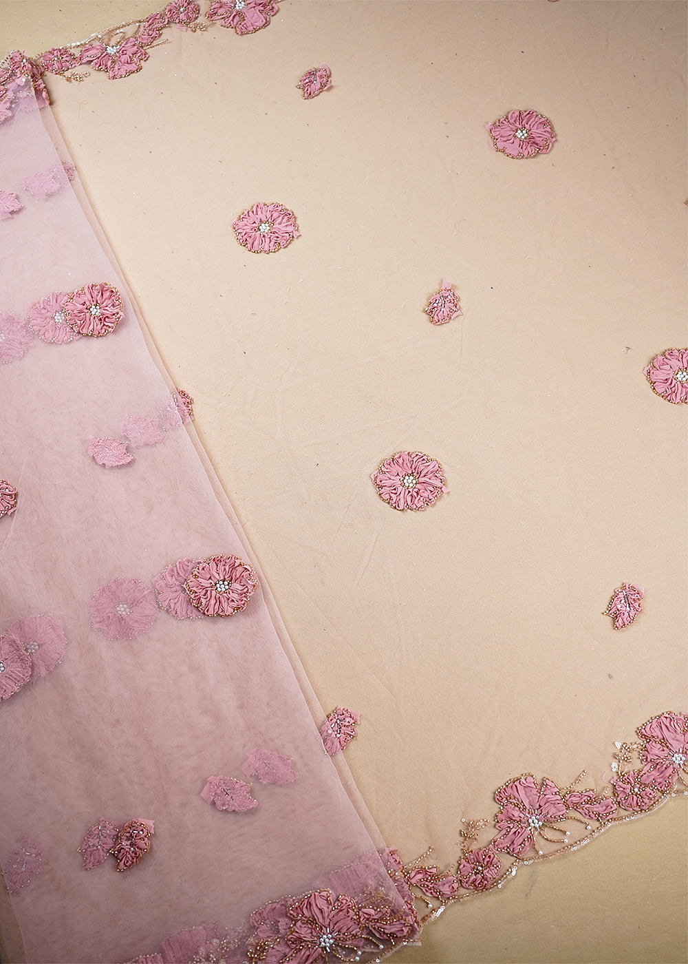 Pink Net Dupatta Fabric With All Over Applique, Bead And Sequins Work With Two Side Border 19070