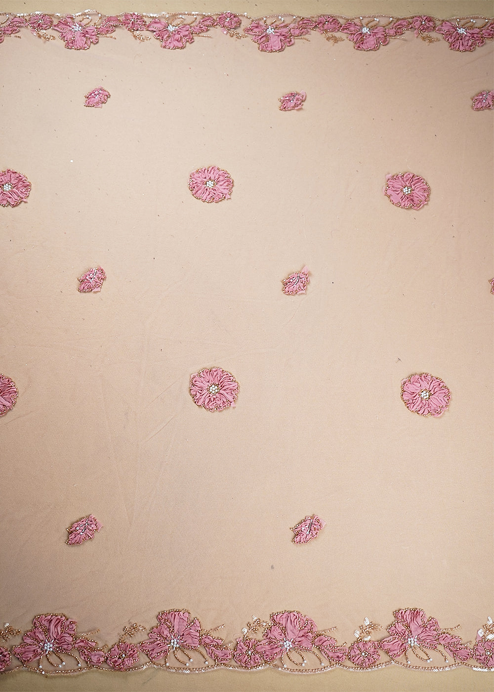 Pink Net Dupatta Fabric With All Over Applique, Bead And Sequins Work With Two Side Border 19070