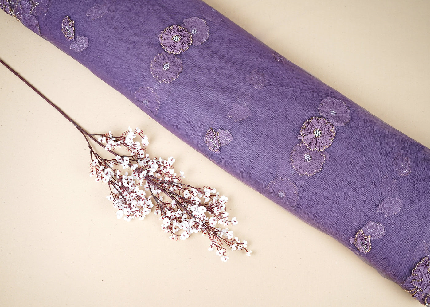 Purple Net Dupatta Fabric With All Over Applique, Bead And Sequins Work With Two Side Border 19071