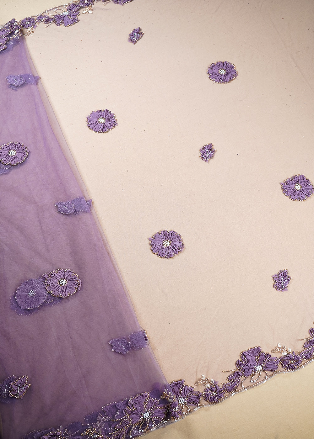 Purple Net Dupatta Fabric With All Over Applique, Bead And Sequins Work With Two Side Border 19071